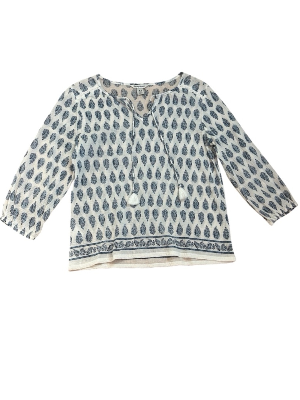 Tommy Bahama 100 % Cotton White & Blue Printed Peasant Top with Tassel Tie Sz M